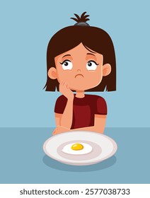 
Unhappy Child Not Eating Fried Egg for Breakfast Character. Sad upset fussy eater having no appetite
