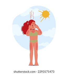 Unhappy Child With Sunburned Skin, Red And Painful, Feel Discomfort And Distress. Little Girl Character Reminds Of The Importance Of Sun Protection And Skincare. Cartoon People Vector Illustration