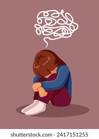 
Unhappy Child Thinking Maze Bubble Vector Concept illustration. Sad depressed little girl feeling puzzled and negative 
