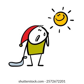 Unhappy Christmas elf in a red hat stands and looks at the bright sun. Vector illustration, spring, empty bag and drops of sweat. Stickman suffers from heat. Doodle character isolated on white.