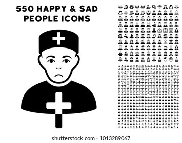 Unhappy Church Doctor icon with 550 bonus pitiful and happy user design elements. Vector illustration style is flat black iconic symbols.