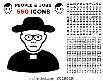 Unhappy Church Shepherd icon with 550 bonus pitiful and happy people pictograms. Vector illustration style is flat black iconic symbols.