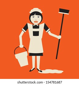 unhappy cleaning lady dressed as maid