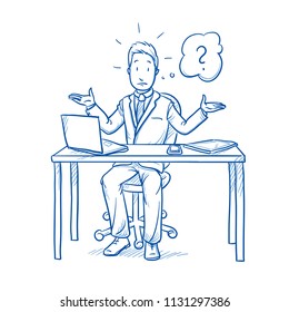 Unhappy, clueless business man, employee at his desk with laptop, tablet and smart phone, with question mark in thought bubble.  Hand drawn line art cartoon vector illustration