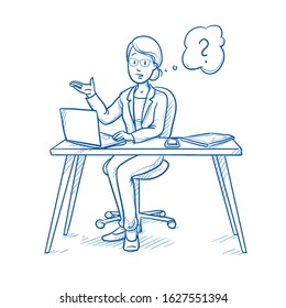 Unhappy, clueless business woman, employee at her desk, raising hand, with question mark in thought bubble.  Hand drawn blue line art cartoon vector illustration