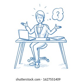 Unhappy, clueless business woman, employee at her desk with laptop, tablet and smart phone, with question mark in thought bubble.  Hand drawn blue line art cartoon vector illustration