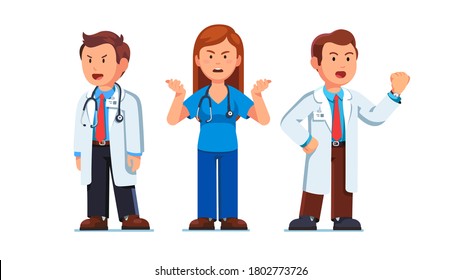 Unhappy complaining medical workers swearing, cursing & arguing. Doctor, nurse, surgeon angrily complain, shout. Standing group of health care professionals. Flat vector character illustration set