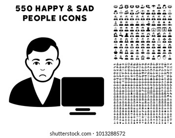 Unhappy Computer User pictograph with 550 bonus pitiful and happy people symbols. Vector illustration style is flat black iconic symbols.