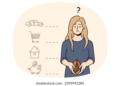 Unhappy confused woman with empty wallet think of monthly payment. Frustrated female distressed with bills and taxes pay suffer from financial crisis or debt. Bankruptcy. Vector illustration.