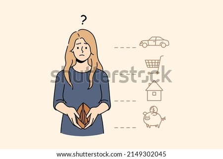 Unhappy confused woman with empty wallet think of monthly payment. Frustrated female distressed with bills and taxes pay suffer from financial crisis or debt. Bankruptcy. Vector illustration.  商業照片 © 