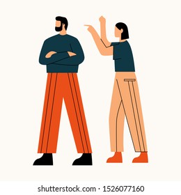 Unhappy couple arguing. Man crossed hands over chest and mad woman pointing finger at him. Concept of addicted partner, bad relationships, two angry people. Flat vector illustration