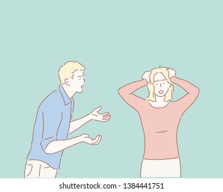 Unhappy couple arguing, upset woman tired of constant conflicts, addicted partner, bad relationships, frustrated girl ignoring boyfriend in anger. Hand drawn style vector design illustrations.