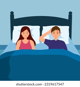 Unhappy couple in bed concept vector illustration.