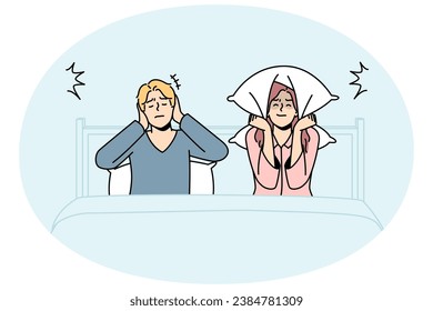 Unhappy couple in bed suffer from excessive noise unable to sleep. Upset distressed man and woman struggle with noisy neighbors. Vector illustration.