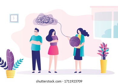 Unhappy couple at consultation with psychologist. Doctor is talking with people. Psychoanalysis, professional solves mental problems. Room interior. Family conflict. Trendy style vector illustration