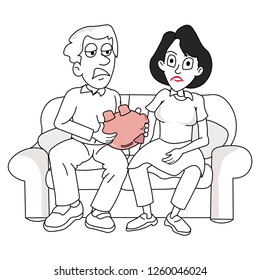 Unhappy couple family husband wife holding a piggy bank empty no savings sitting on a sofa