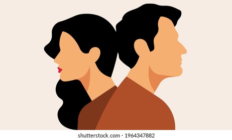 Unhappy couple having conflict. Abstract man and woman turned away from each other. Concept of misunderstanding, divorce, suspicion. Modern vector illustration.