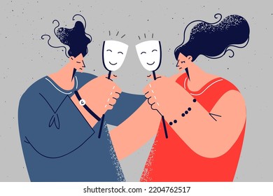 Unhappy couple hide under happy masks suffer from relationships problems. Man and woman hiding feeling struggle with relations trouble. Vector illustration. 