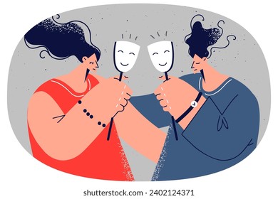 Unhappy couple hide under happy masks suffer from relationships problems. Man and woman hiding feeling struggle with relations trouble. Vector illustration.