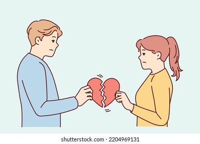 Unhappy couple holding broken heart suffer after breakup or split. Upset man and woman break up relationships. Love end and family divorce. Vector illustration. 