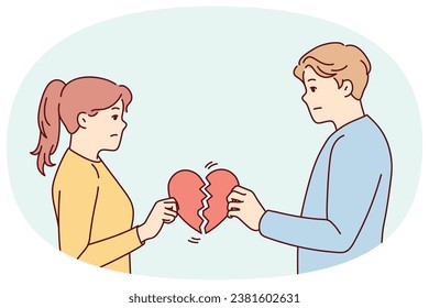 Unhappy couple holding broken heart suffer after breakup or split. Upset man and woman break up relationships. Love end and family divorce. Vector illustration.