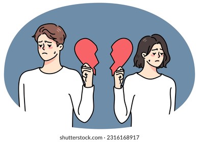 Unhappy couple holding pieces of broken heart suffer from breakup or divorce. Sad upset man and woman struggle with split or separation. Relationships over. Vector illustration.