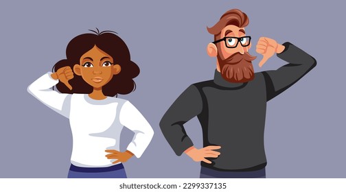 
Unhappy Couple Holding Thumbs Down Vector Cartoon illustration. Married man and woman having the same negative opinion on a matter 
