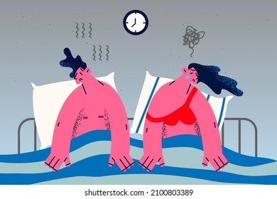 Unhappy couple lying in bed suffer from sexual problems. Upset stressed man and woman struggle with relationship troubles. Family fight, divorce or split. Flat vector illustration. 