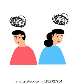 Unhappy couple. Mental health in family. Hand drawn vector illustration on white background.