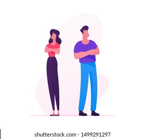 Unhappy Couple with Relationship Problems Standing with Crossed Arms Back to Back Avoid Looking at Each Other after Quarrel or Serious Fight. Family Disagreement. Cartoon Flat Vector Illustration