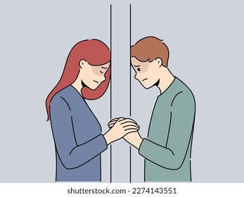 Unhappy couple separated by wall suffer from breakup or separation. Upset distressed man and woman struggle with relationships split. Vector illustration. 