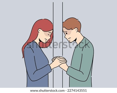 Unhappy couple separated by wall suffer from breakup or separation. Upset distressed man and woman struggle with relationships split. Vector illustration. 