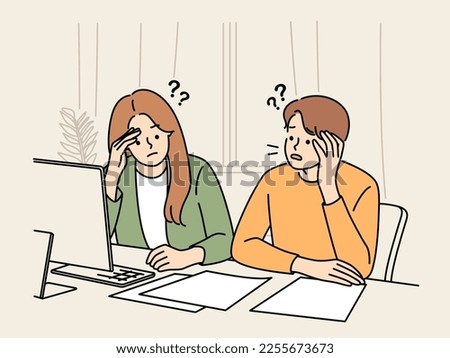 Unhappy couple sit at table look at bills or paperwork confused with debts and expenses paying online. Frustrated man and woman shocked with paper notice. Vector illustration. 