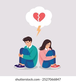 Unhappy couple sitting on the floor with broken heart suffer after breakup or split. Vector illustration. Minimalism