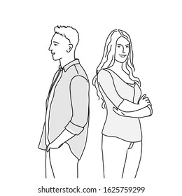 Unhappy couple standing with their backs to each other. Man and woman quarrelled. Line drawing vector illustration.