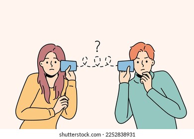 Unhappy couple suffer from communication problems. Upset man and woman distressed with misunderstanding. Relationships troubles. Vector illustration. 