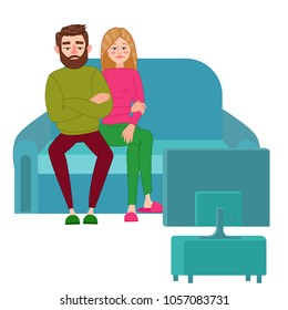 Unhappy Couple Watching TV. Television Addiction. Tired Husbands Sitting On Sofa Behind TV Set. Vector Illustration