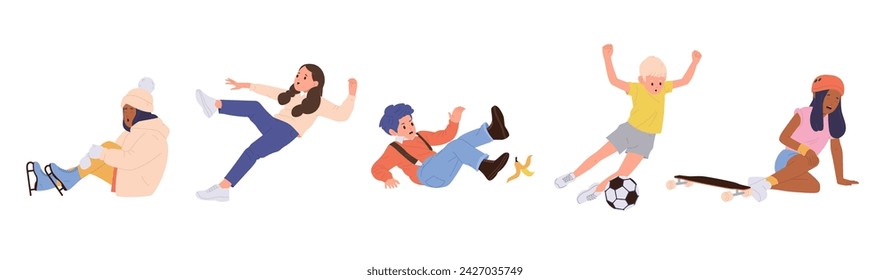 Unhappy crying children cartoon characters falling having unpleasant accident at playground set