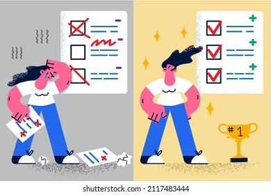 Unhappy crying girl get bad test results versus smiling one feel successful with good grades on paperwork. Study and learning. Good education and effort concept. Flat vector illustration. 