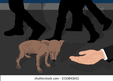 Unhappy crying lonely puppy on the street, people walk past, but one man held out his hand. Vector illustration