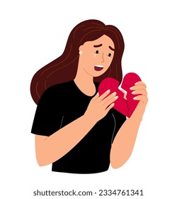 Unhappy Crying person feeling overwhelmed,frustrated because of broken heart, unrequited love.Anguish desperate woman with psychological trauma.Flat vector illustration isolated,white background