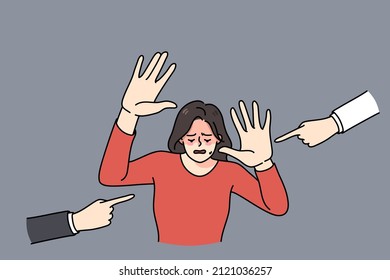 Unhappy crying woman feel stressed with people fingers pointing at her blaming. Upset sad girl depressed with bullying and harassment. Discrimination problem concept. Vector illustration. 