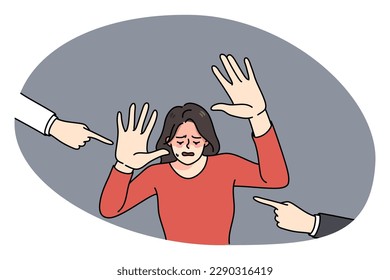 Unhappy crying woman feel stressed with people fingers pointing at her blaming. Upset sad girl depressed with bullying and harassment. Discrimination problem concept. Vector illustration.
