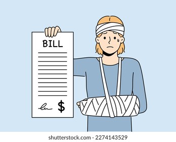 Unhappy crying woman with hand in cast show long expensive medical check. Upset girl demonstrate hospital bill. Healthcare and medicine expenses. Vector illustration. 