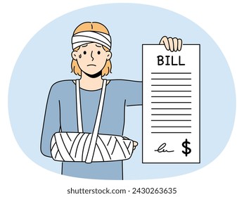 Unhappy crying woman with hand in cast show long expensive medical check. Upset girl demonstrate hospital bill. Healthcare and medicine expenses. Vector illustration.