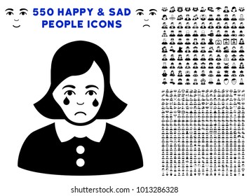 Unhappy Crying Woman pictograph with 550 bonus pitiful and happy men graphic icons. Vector illustration style is flat black iconic symbols.