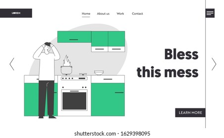 Unhappy Culinary Experience Website Landing Page. Frightened Man Stand at Oven with Burning Fire in Pan. Weekend Chores Housekeeping Process Web Page Banner. Cartoon Flat Vector Illustration, Line Art