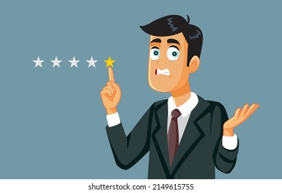 
Unhappy Customer Giving One Star Feedback Vector Illustration. Businessman complaining about poor service leaving a negative review
