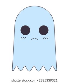 Unhappy cute ghost flat line color isolated vector object. Editable clip art image on white background. Simple outline cartoon spot illustration for web design
