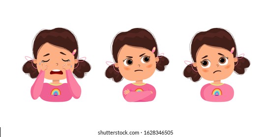 Unhappy Cute Kid Teen Girl Face Expression Emoji Emoticon Set. Emotions Of Sad Resentment. Cartoon Girl Crying. Vector Flat Illustration.